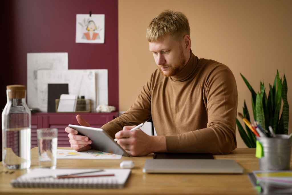 
Ein Mann sitzt an einem Schreibtisch und benutzt ein Tablet mit einem Stift. In der Nähe befinden sich eine Wasserflasche, ein Glas, Papiere, ein Notizbuch und eine Pflanze. Im Hintergrund sind Kunstwerke und eine Pflanze zu sehen.