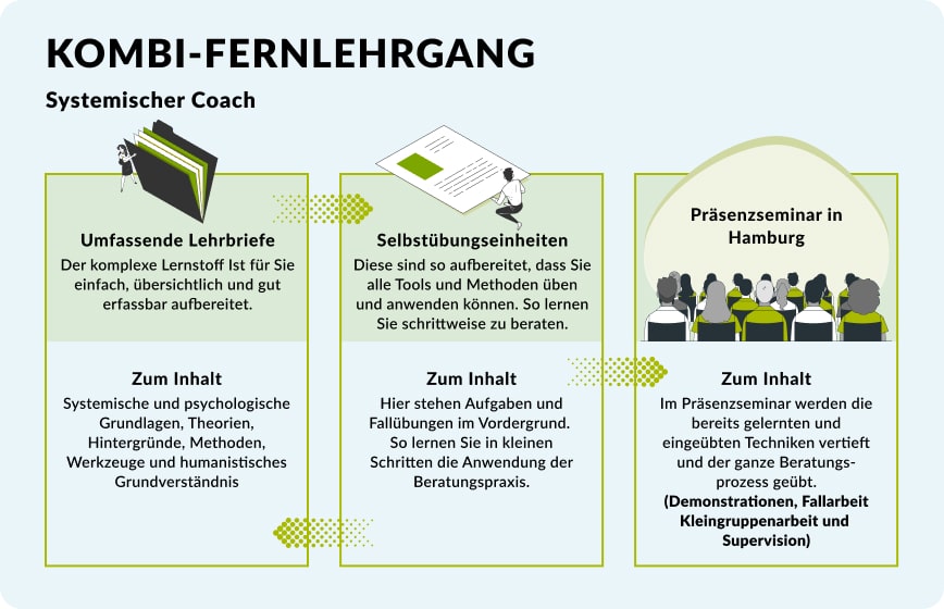 Infografik zur Ausbildung zum systemischen Coach. Ausführliche Unterrichtsmaterialien, Selbstlerneinheiten und ein Präsenzseminar in Hamburg mit Fokus auf Methoden und Supervision.