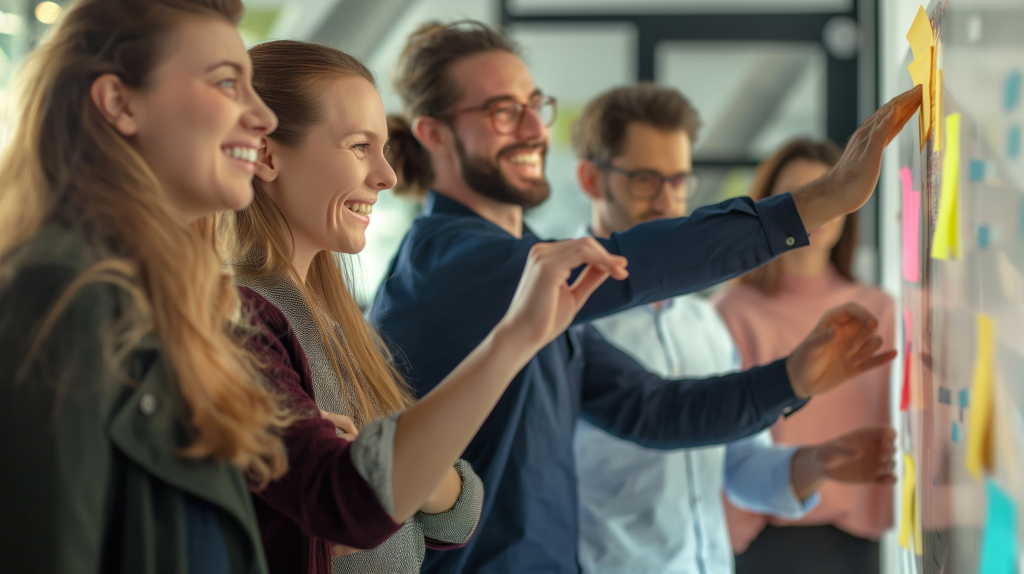 Eine Gruppe von Menschen steht vor einer Tafel mit bunten Haftnotizen, lächelt und ist mit einer gemeinsamen Aktivität oder einem Brainstorming beschäftigt.