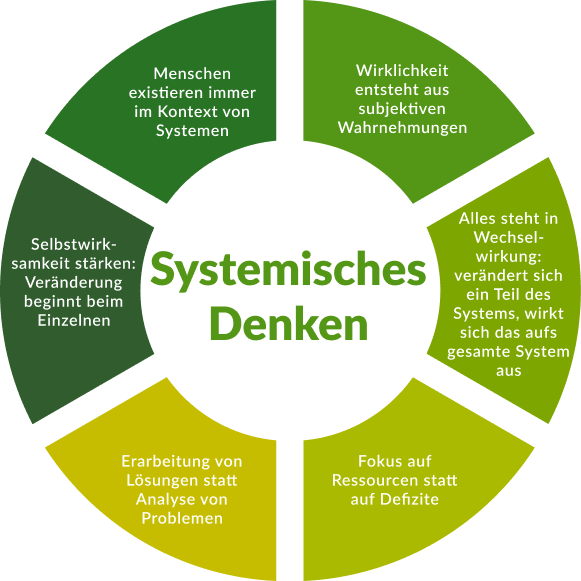 Infografik zum systemischen Denken mit sechs Segmenten, die Kernprinzipien wie Wechselwirkung, Ressourcenfokus und Kontext von Systemen beschreiben.